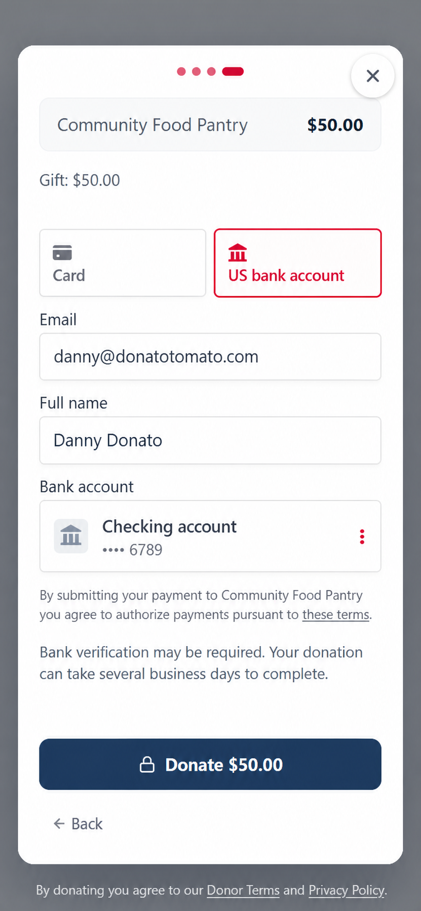 Illustrative donation form showing Danny Donato giving $50 to Community Food Pantry from a checking account.